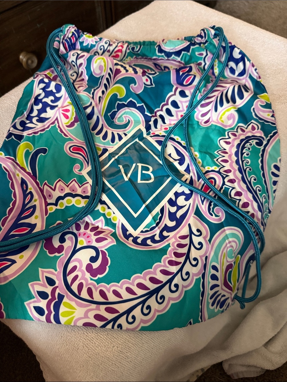 Vera Bradley Teal Paisley Drawstring Tote with Purple, Pink & Lime Accents